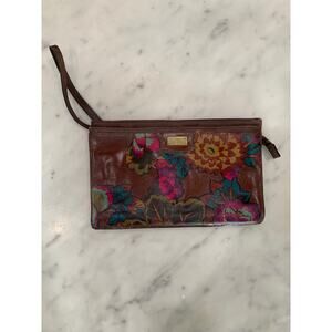 Vintage Brown Leather Clutch with Floral Accents